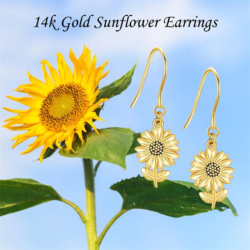 14k Solid Yellow Gold Sunflower Earrings For Women Dainty Simple Jewelry Gifts For Girls Her