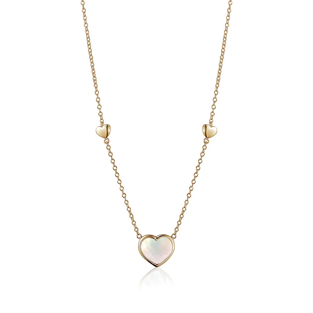 14K Yellow Gold Heart Pendant necklace Mother of Pearl or Pink for Girls and Women Italy 16