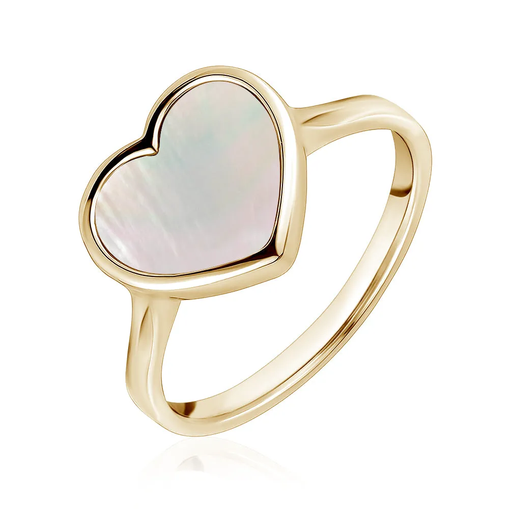 14K Yellow Gold Heart Ring Mother of Pearl or Pink for Girls and Women Italy