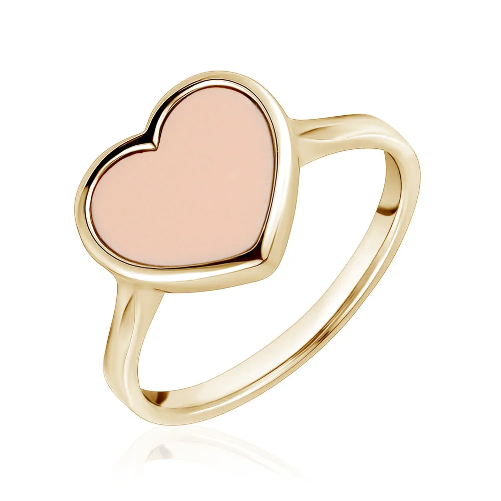 14K Yellow Gold Heart Ring Mother of Pearl or Pink for Girls and Women Italy