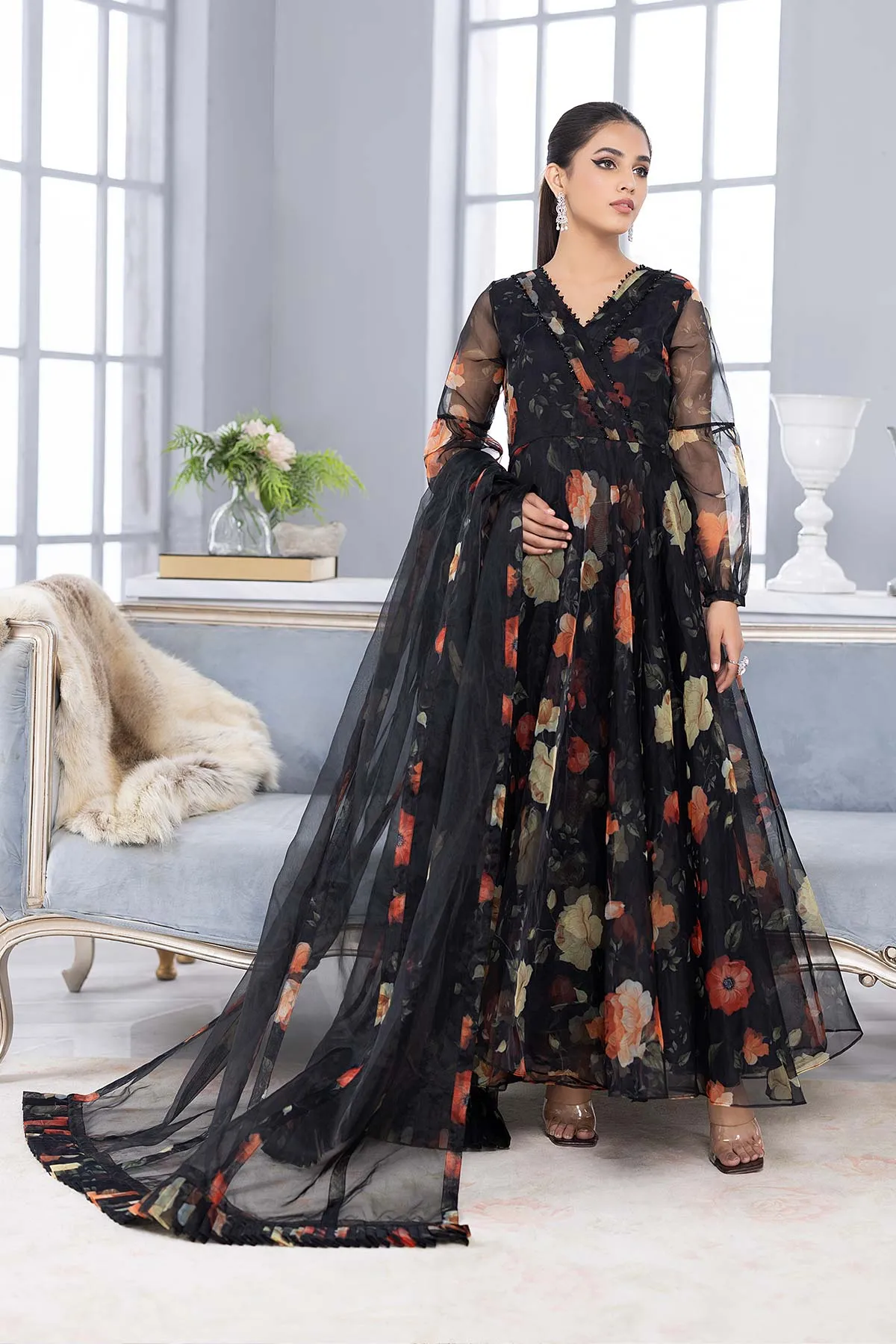 3-Pc Andrakha Long Maxi With Organza Dupatta and Raw Silk Toruser CMA22-55