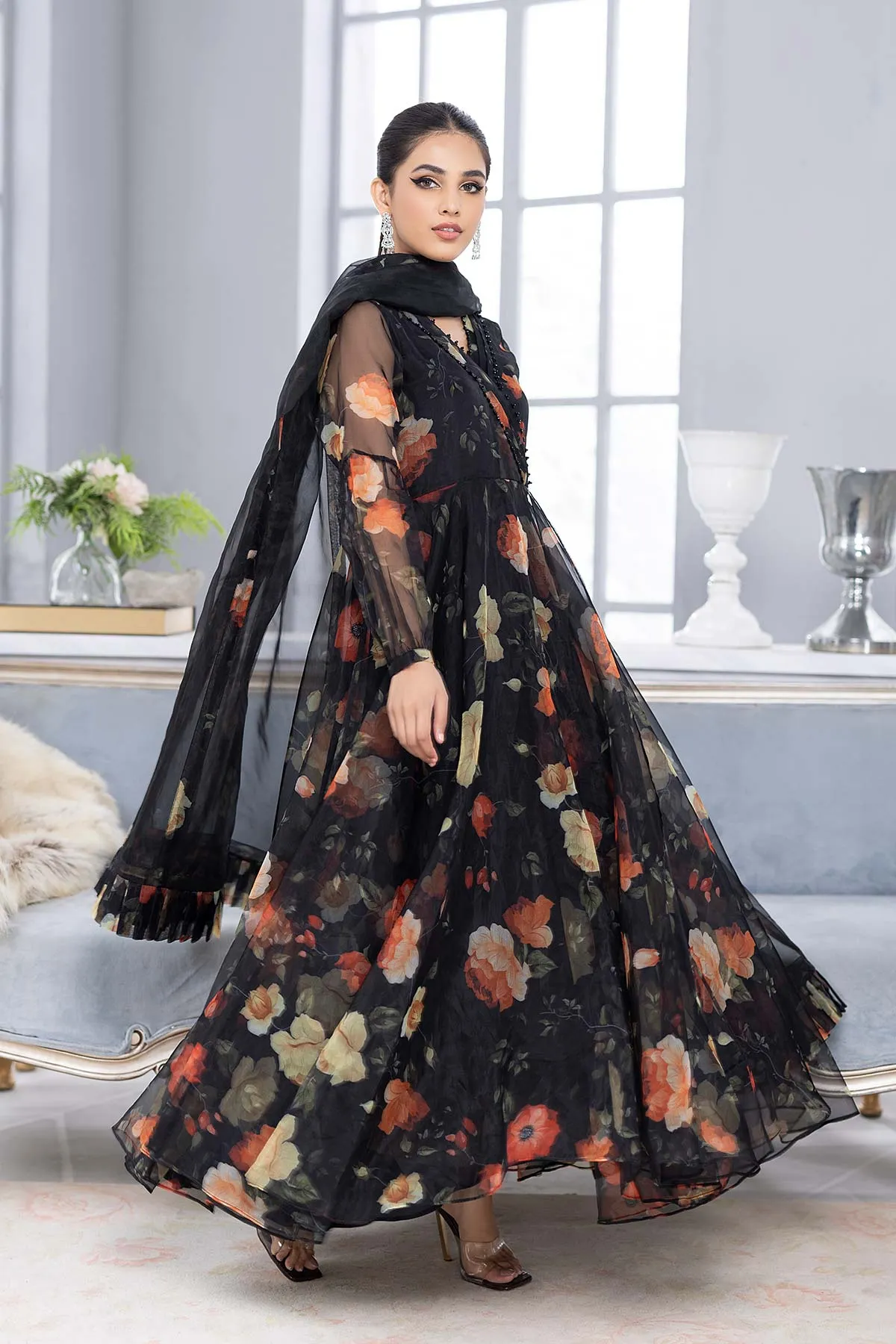 3-Pc Andrakha Long Maxi With Organza Dupatta and Raw Silk Toruser CMA22-55