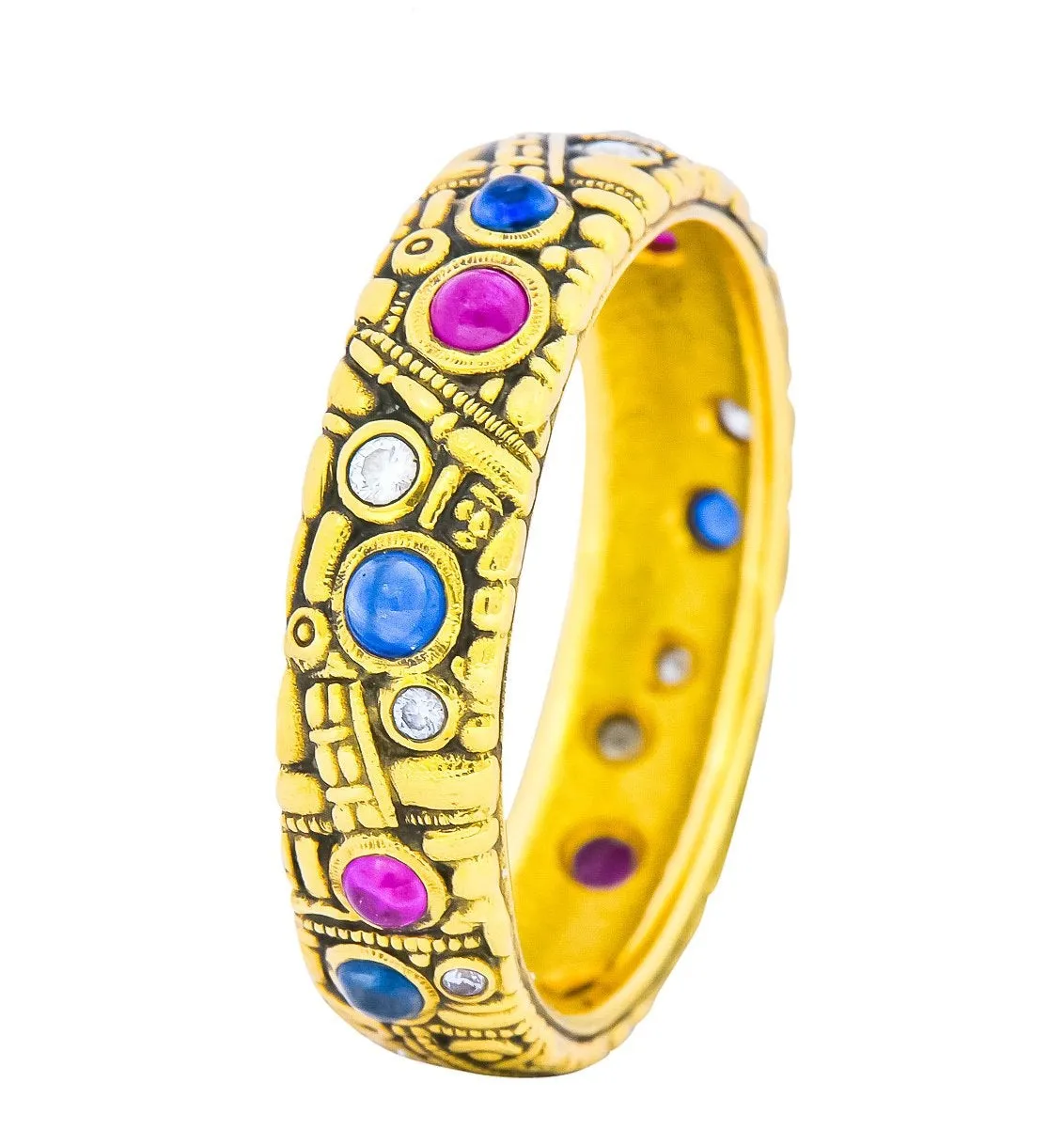 Alex Sepkus Blue Sapphire Ruby Diamond 18 Karat Gold Band Ring