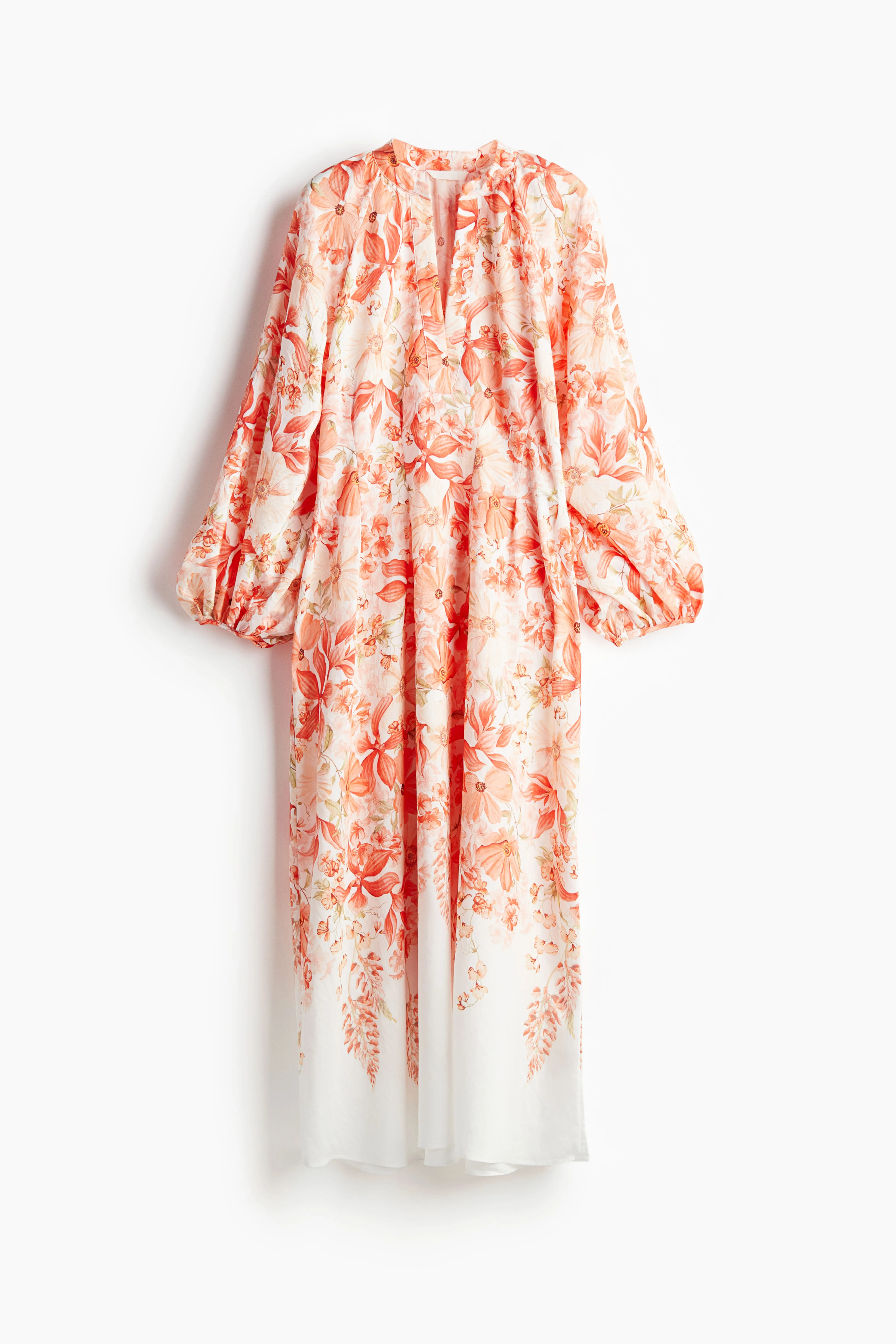 Balloon-sleeved maxi dress - V-neck - Long sleeve - Coral red/Floral - Ladies | H&M GB