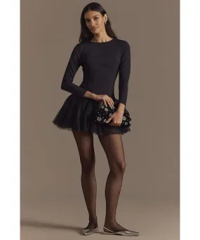 BHLDN Ariella Long-Sleeve Drop-Waist Crepe Fit & Flare Mini Dress