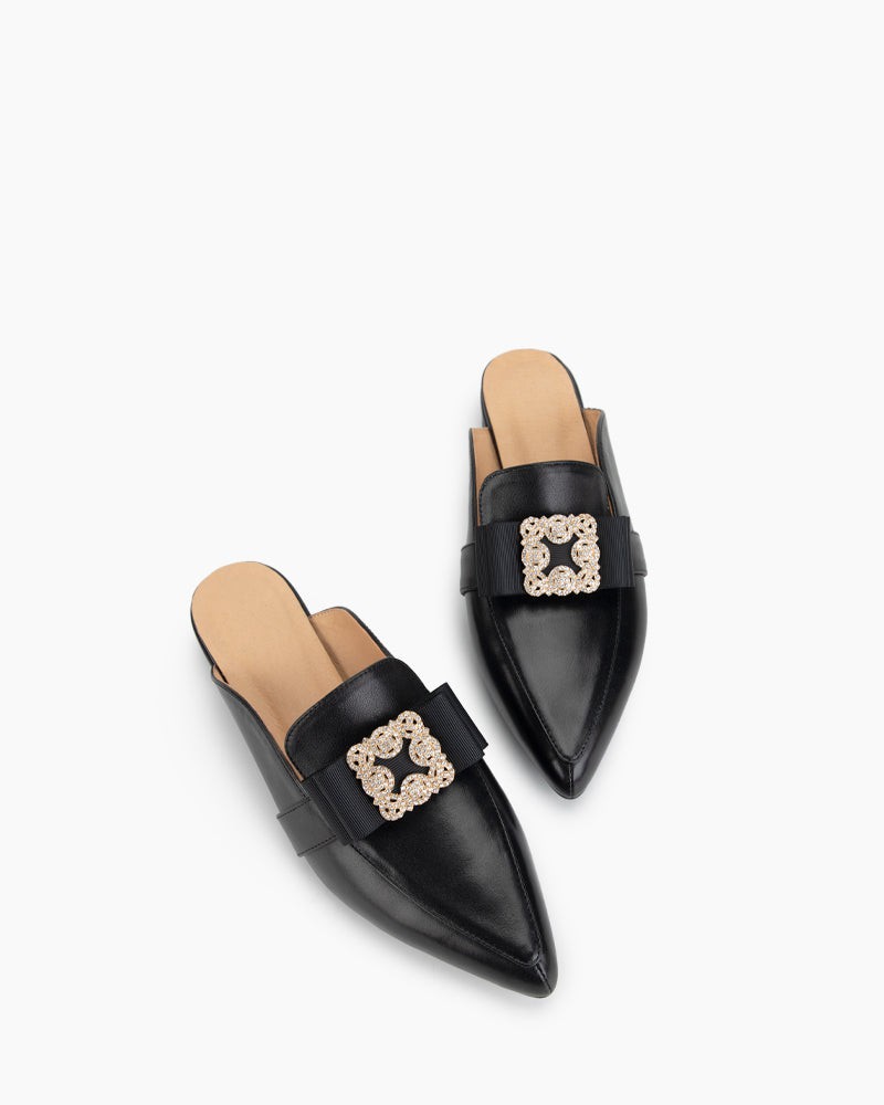 Black Classic Leather Flat Mules