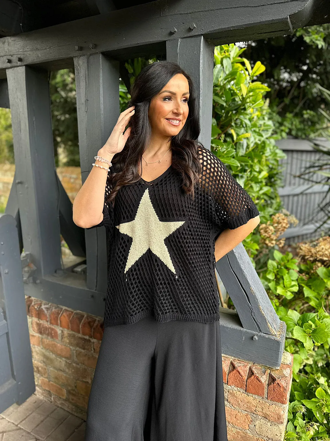 Black V Neck Star Loose Knit  Alex