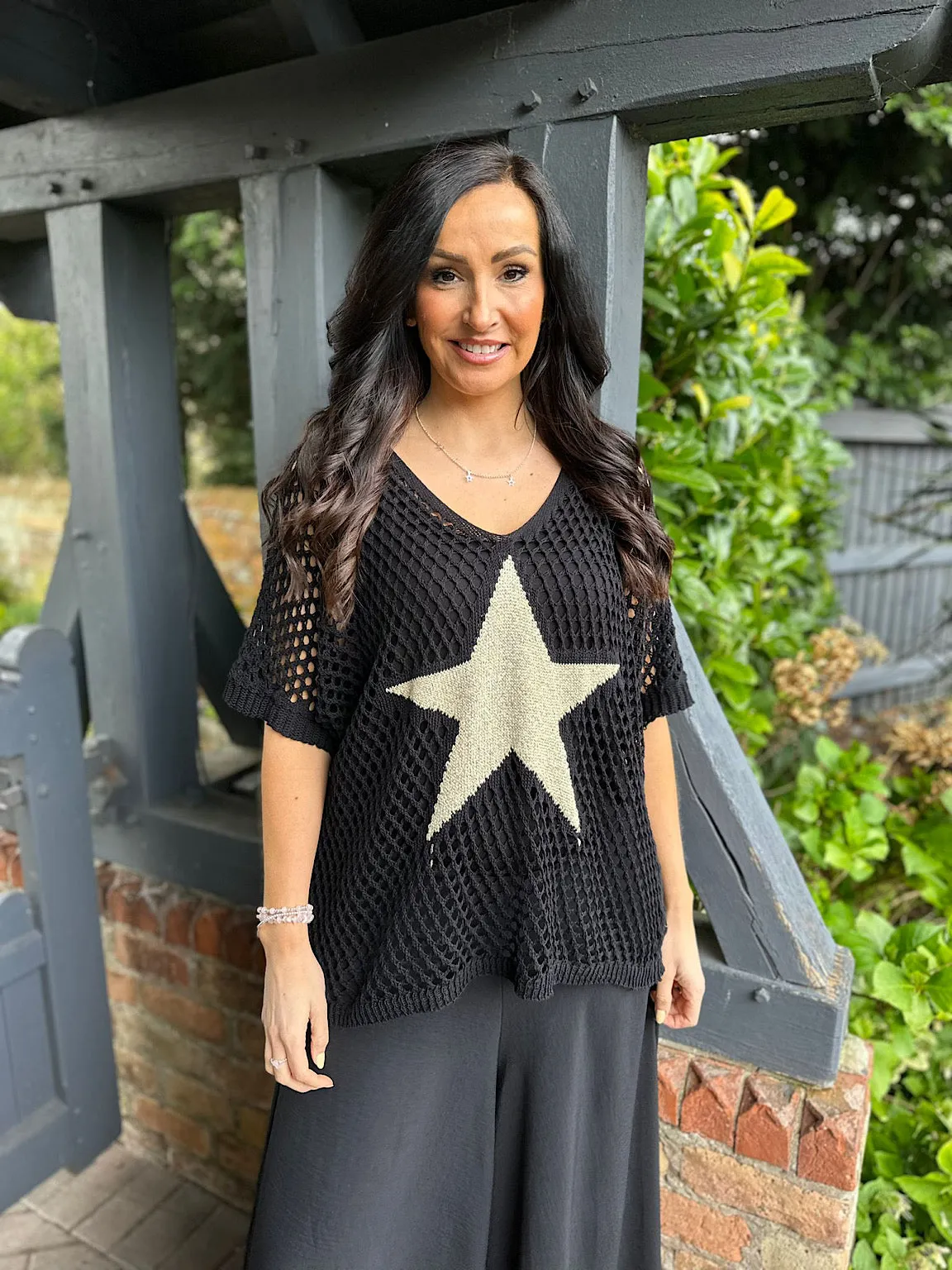 Black V Neck Star Loose Knit  Alex