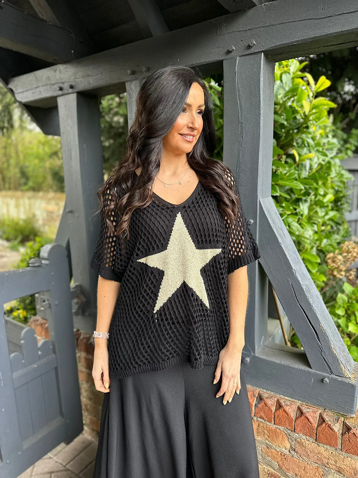 Black V Neck Star Loose Knit  Alex