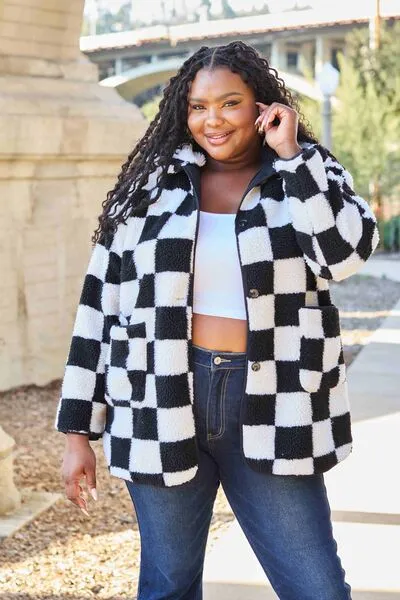 Black/White Checkered Button Front Coat with Pockets