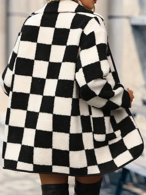 Black/White Checkered Button Front Coat with Pockets