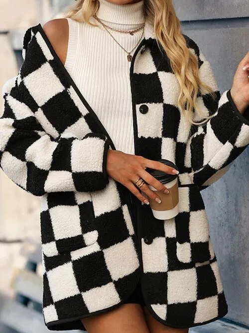 Black/White Checkered Button Front Coat with Pockets