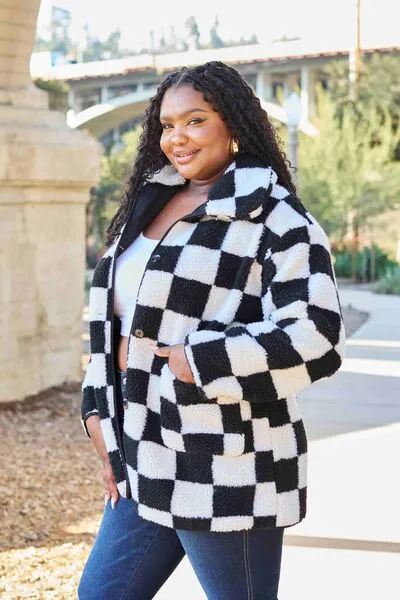 Black/White Checkered Button Front Coat with Pockets