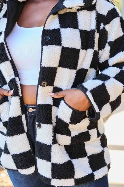 Black/White Checkered Button Front Coat with Pockets