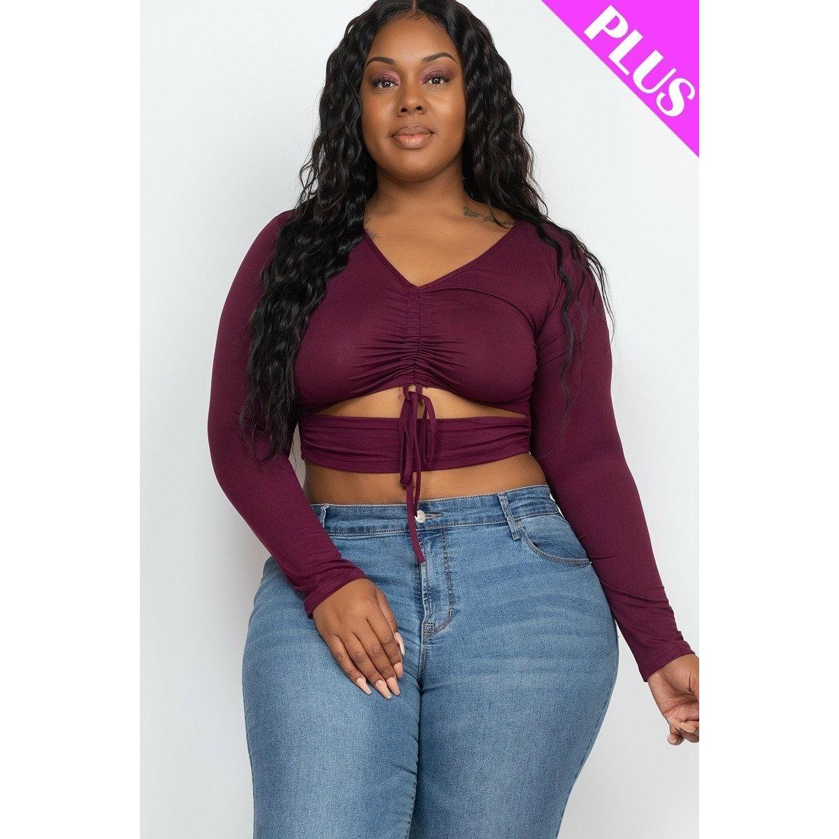 Burgundy Plus Size Drawstring Ruched Cutout Crop Top