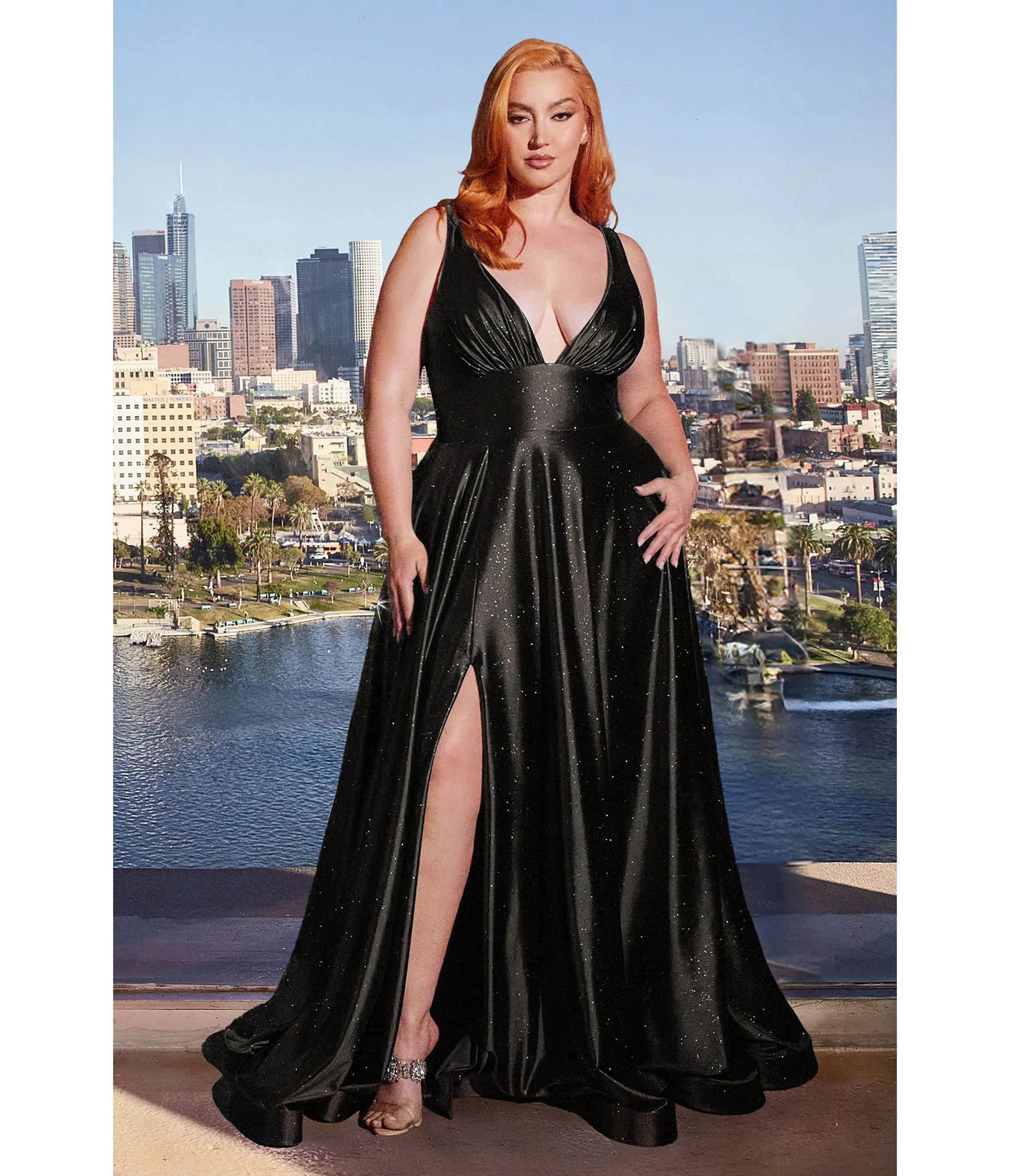 Cinderella Divine Plus Size Black Satin Prom Dress