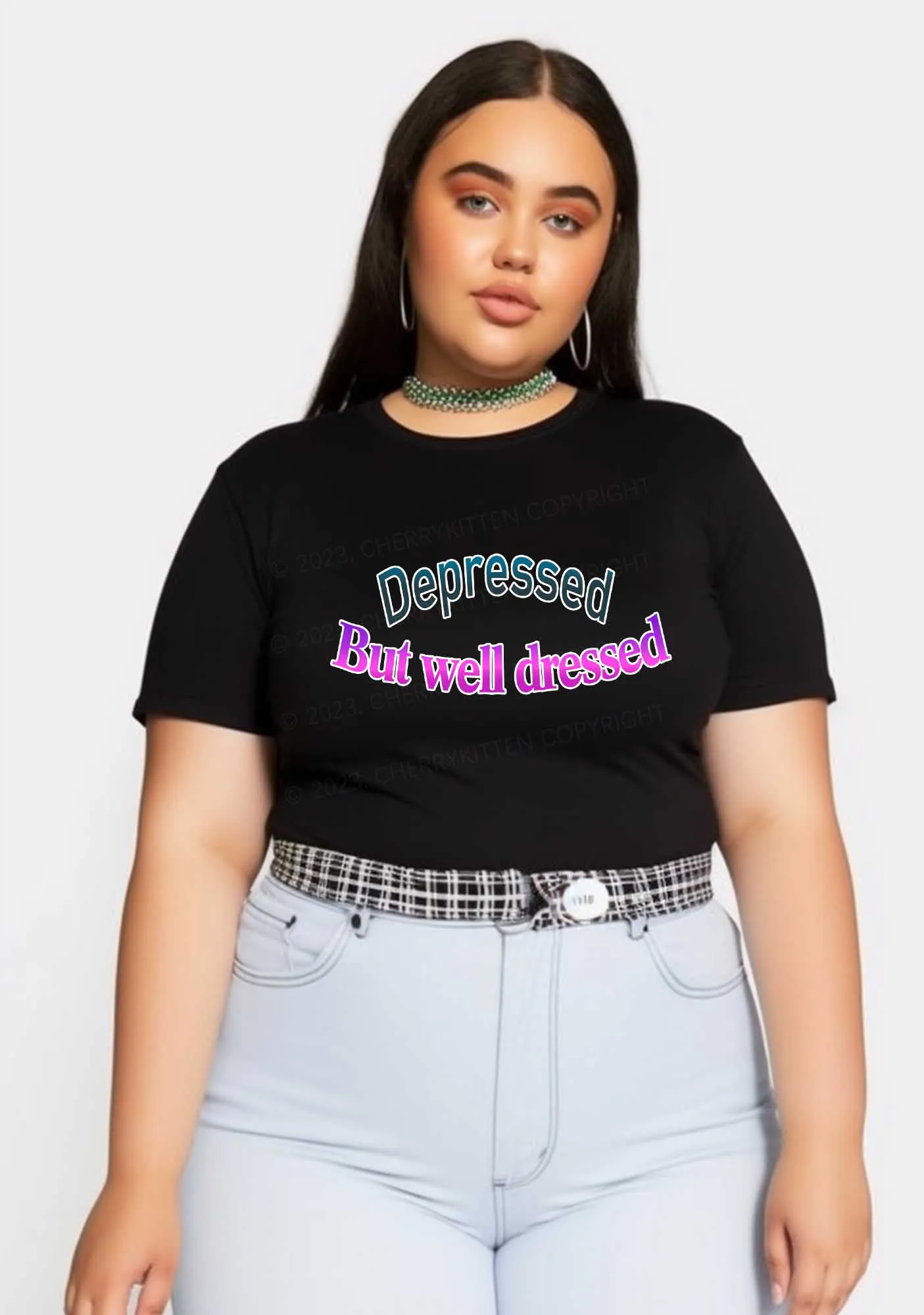 Curvy Depressed But Well Dressed Y2K Baby Tee Cherrykitten