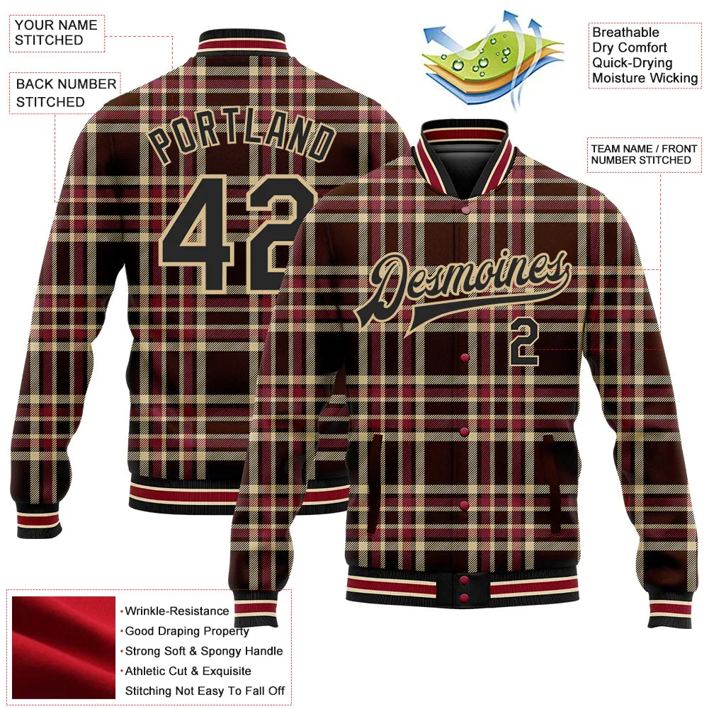 Custom Brown Black Vegas Gold City Cream-Crimson Classic Western Plaid 3D Pattern Design Bomber Full-Snap Varsity Letterman Jack