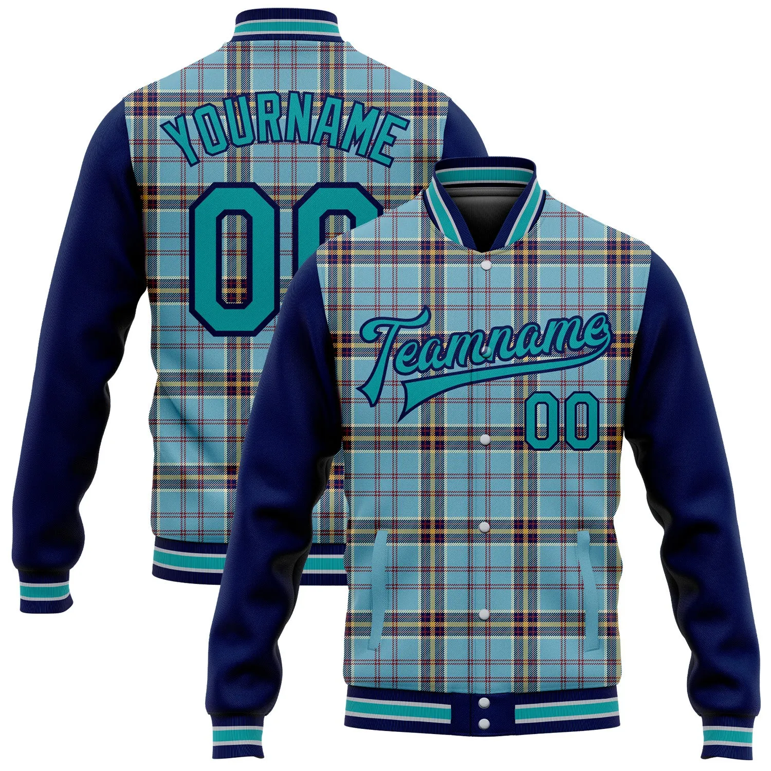 Custom Shadow Blue Teal Navy-Gray Classic Western Plaid 3D Pattern Design Bomber Full-Snap Varsity Letterman Jacket