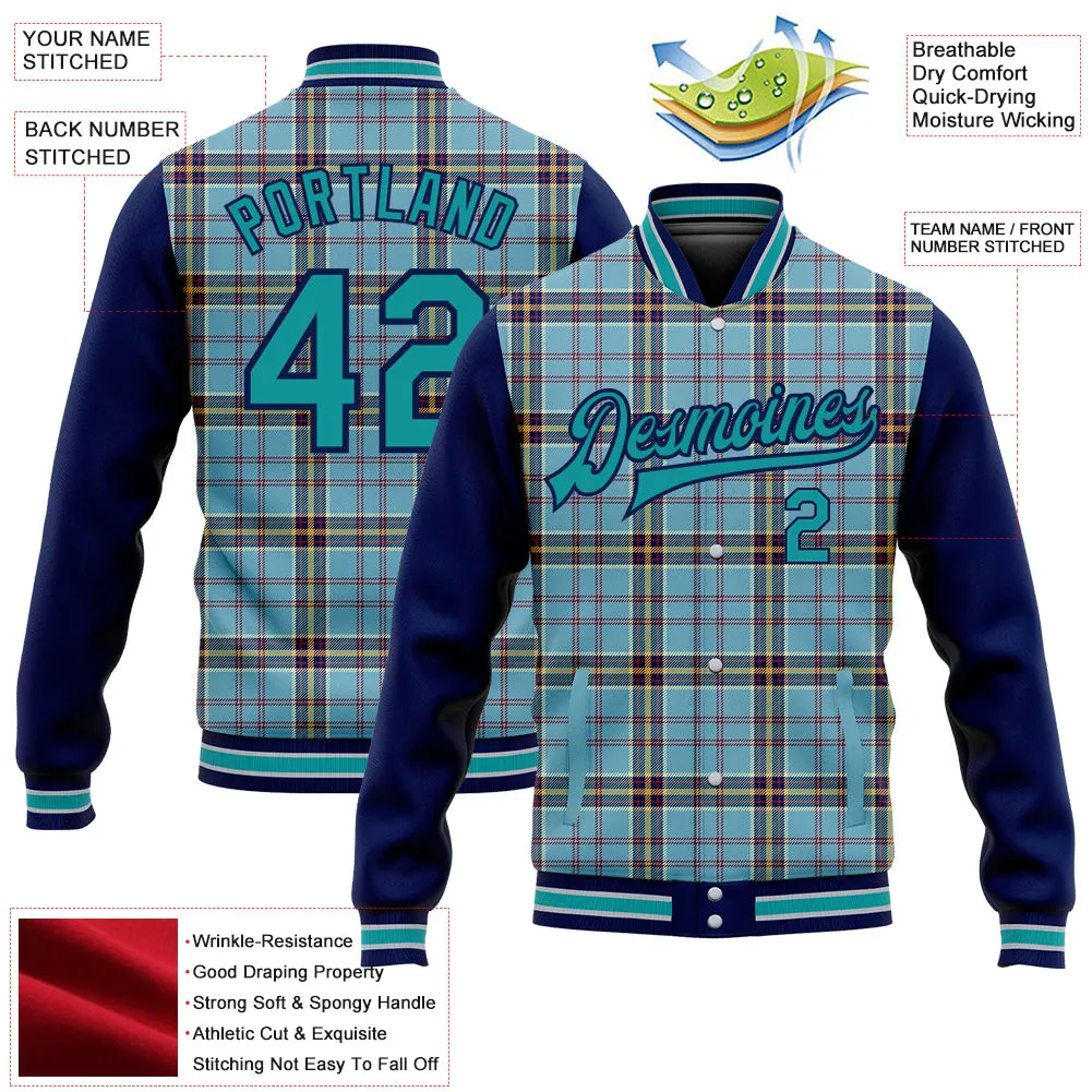 Custom Shadow Blue Teal Navy-Gray Classic Western Plaid 3D Pattern Design Bomber Full-Snap Varsity Letterman Jacket