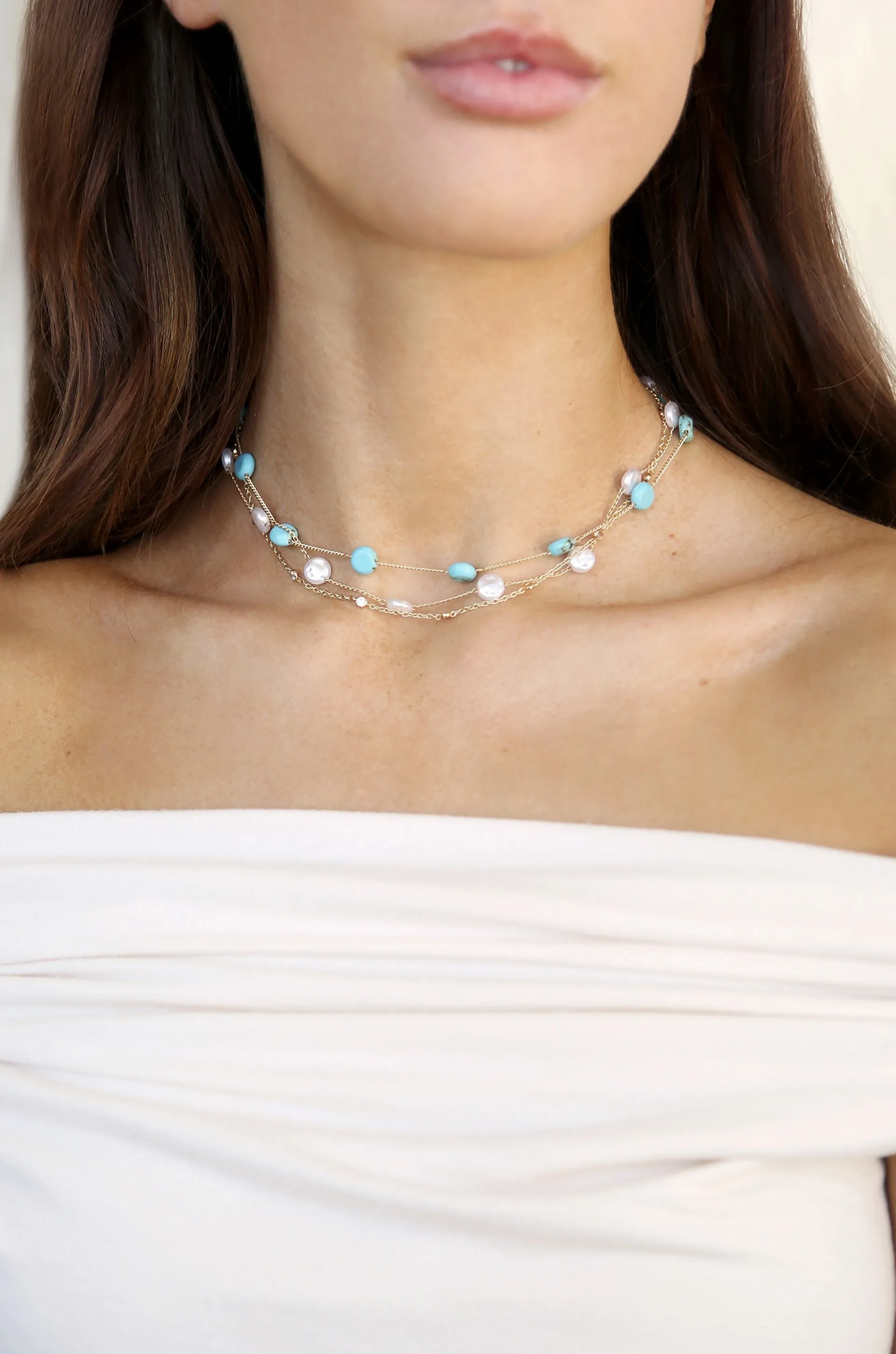 Dressed in Turquoise & Pearls Layered 18k Gold Plated Necklace