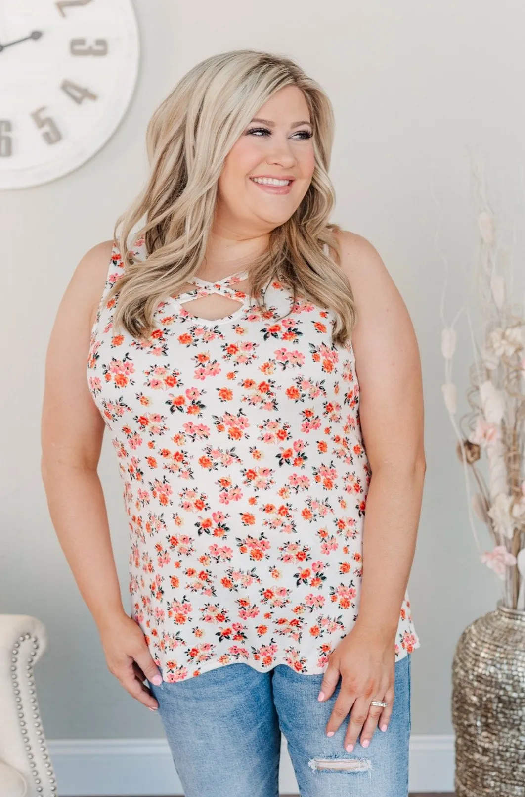 Falling Flowers Criss Cross Tank- Ivory