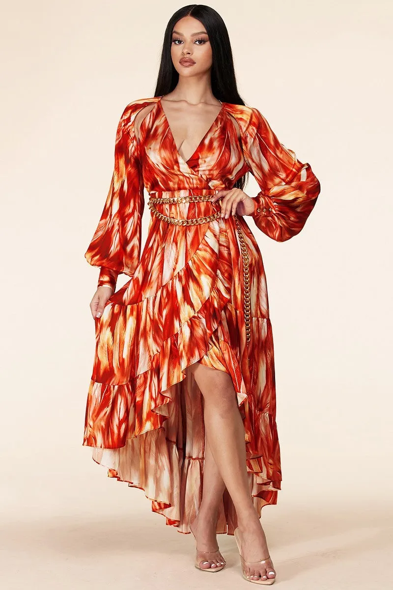 Fire Print Long Sleeve Maxi Dress