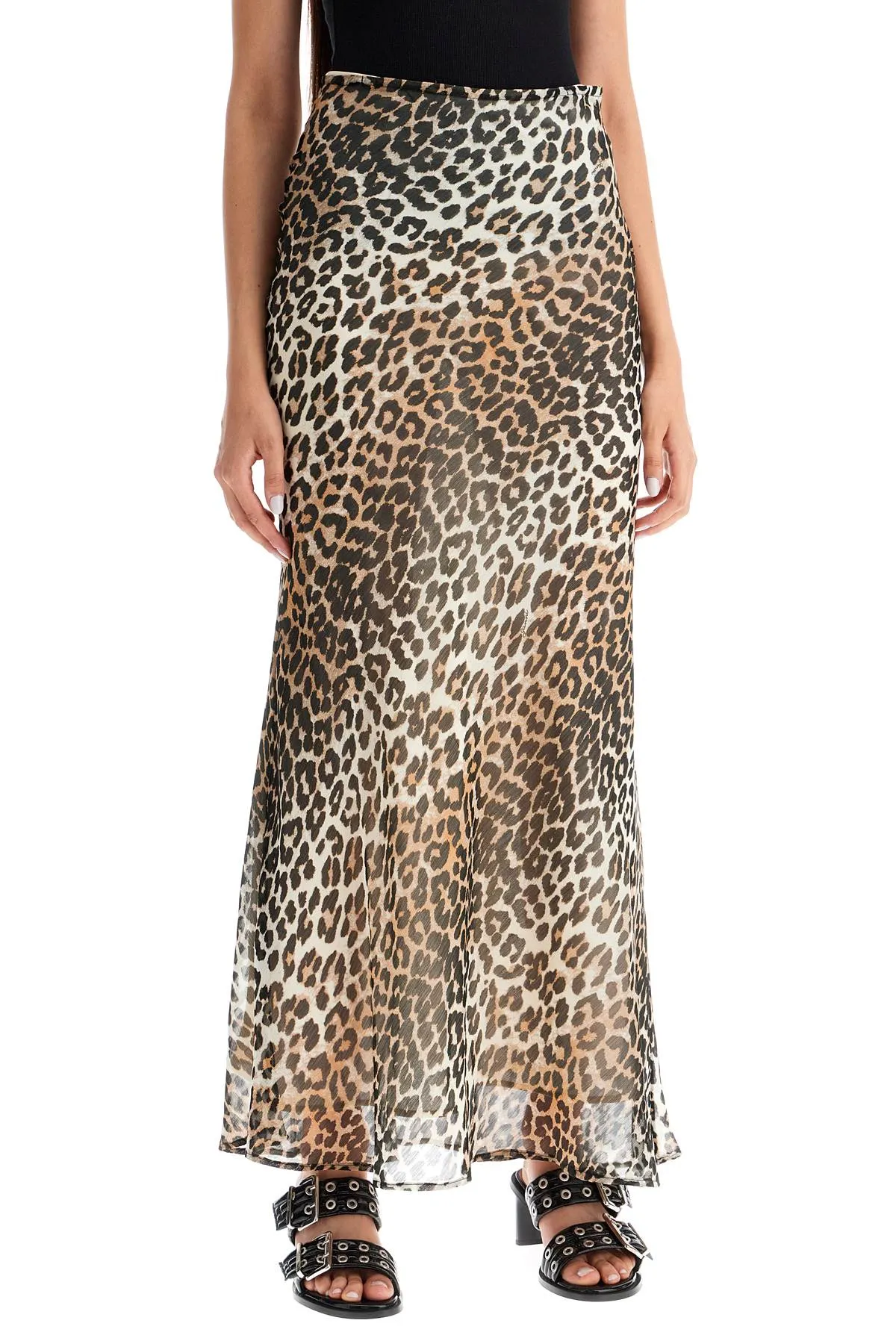 Ganni Long Chiffon Animal Print Maxi Skirt   Beige