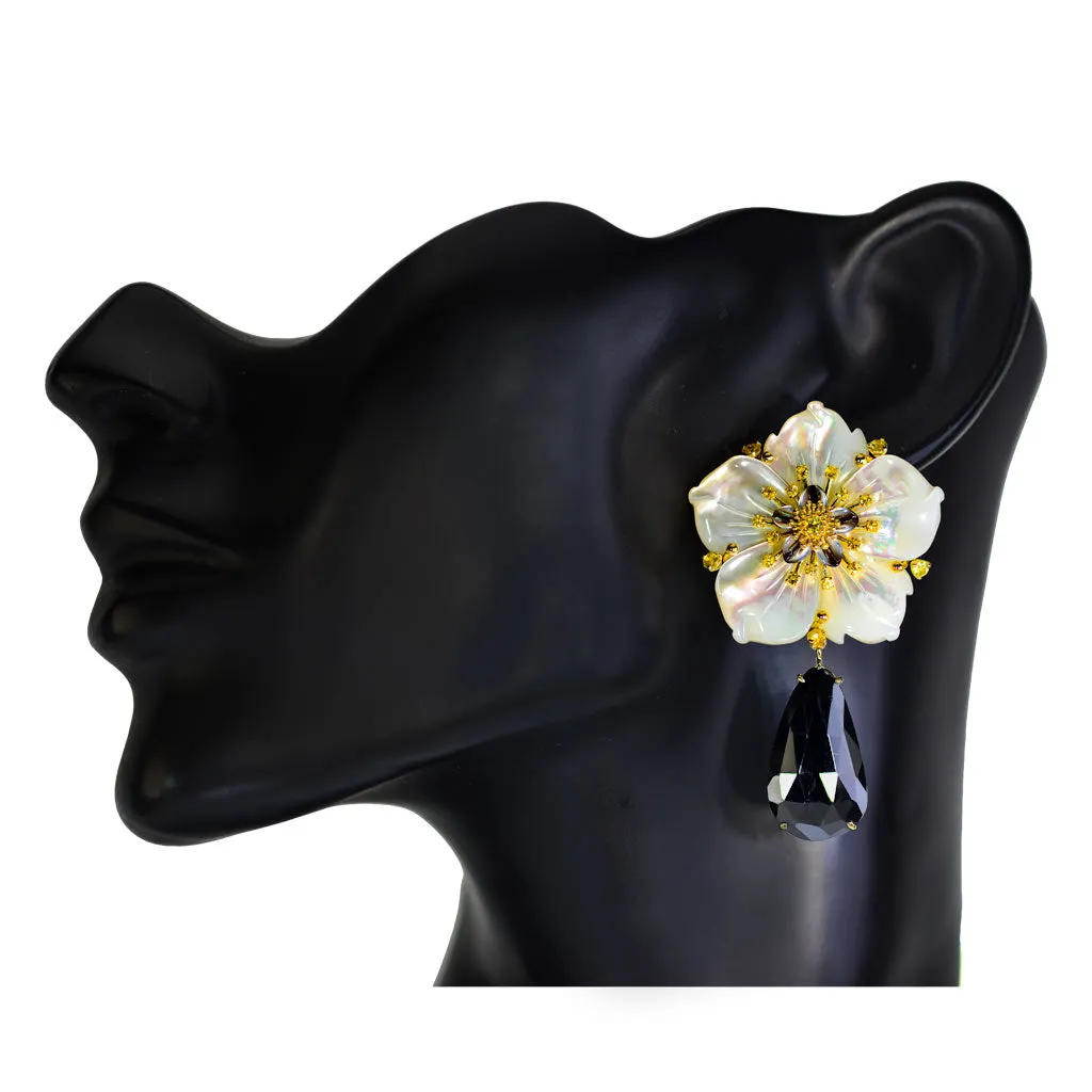 Gold Blossom Convertible Earrings with Carved Mother Of Pearl & Spinel