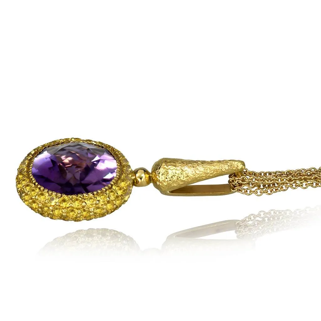 Gold Cocktail Pendant with Amethyst, Sapphires On Chain