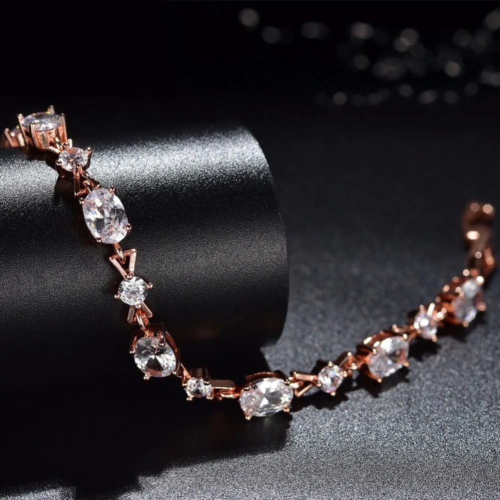 Gold Color Rose AAA Cubic Zirconia Chain Link Bracelets for Women