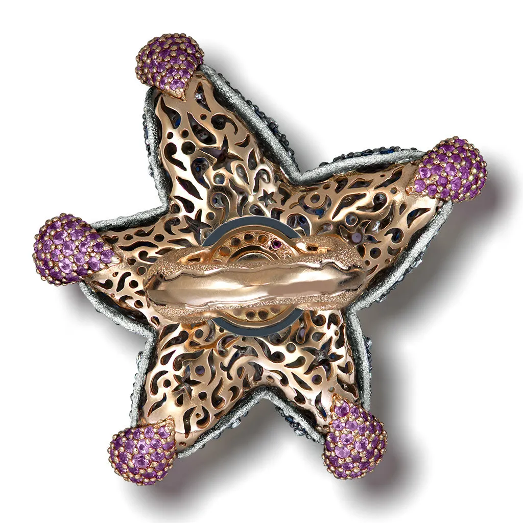 Gold Starfish Ring with Diamonds and Sapphires