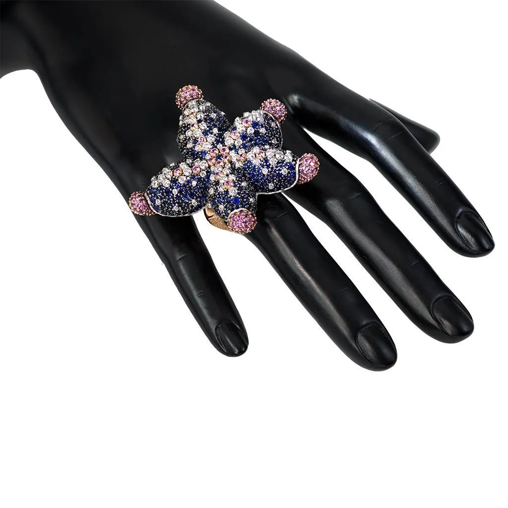 Gold Starfish Ring with Diamonds and Sapphires