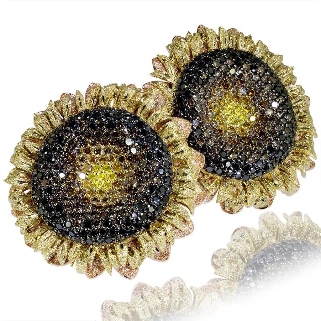 Gold Sunflower Earrings with Color Diamonds