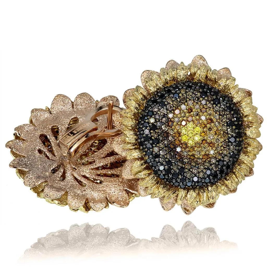 Gold Sunflower Earrings with Color Diamonds