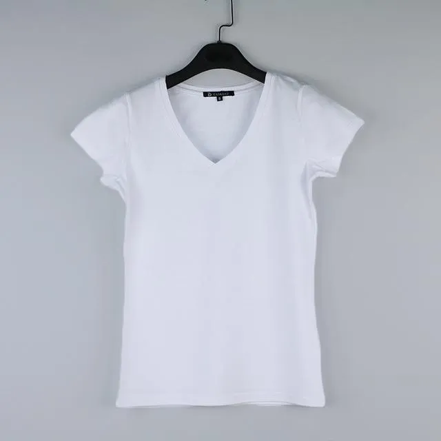 High Quality V-Neck 15 Candy Color Plain Cotton Basic T-Shirt for Women