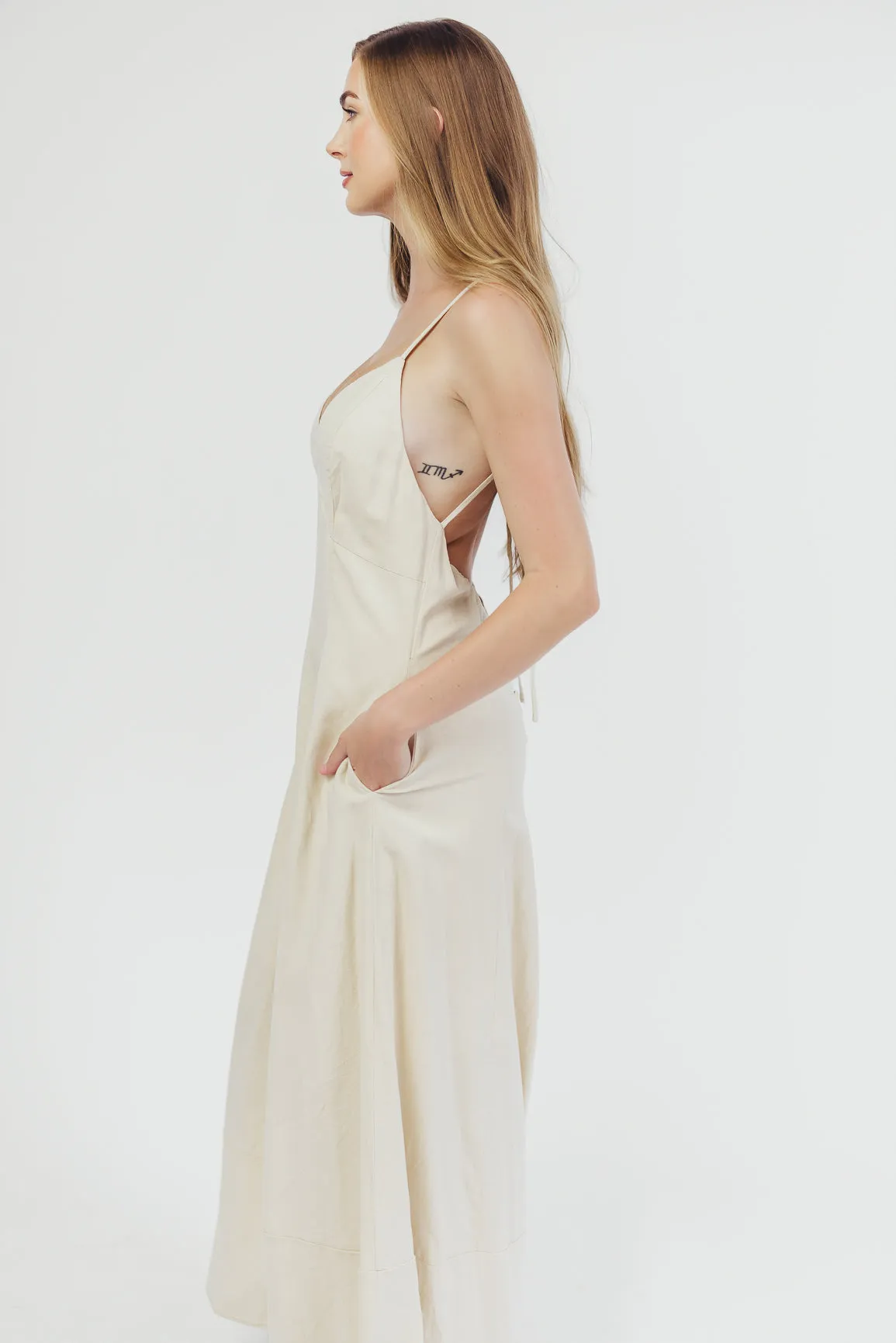 Ivy Linen-Blend Open Back Maxi Dress in Natural