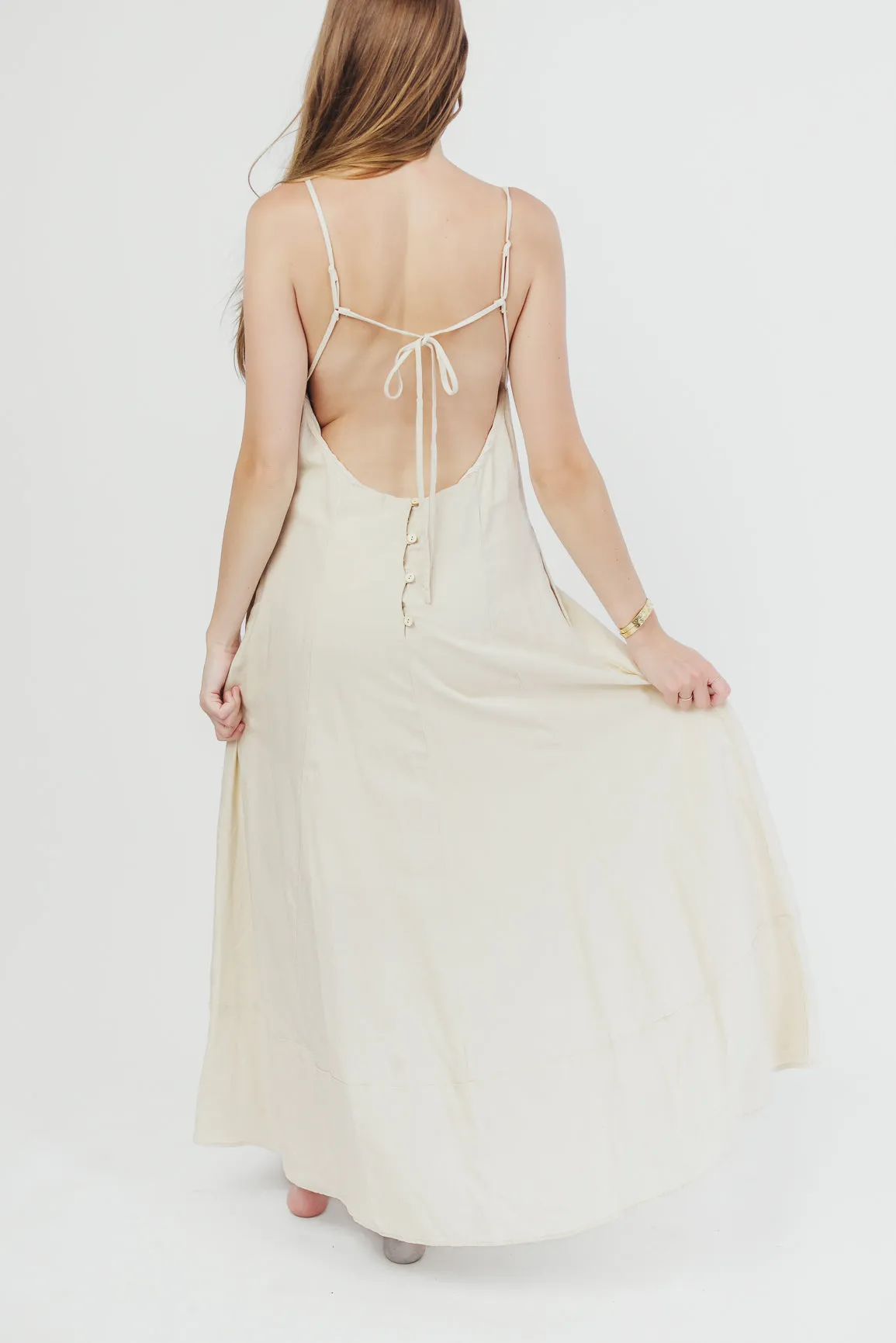 Ivy Linen-Blend Open Back Maxi Dress in Natural