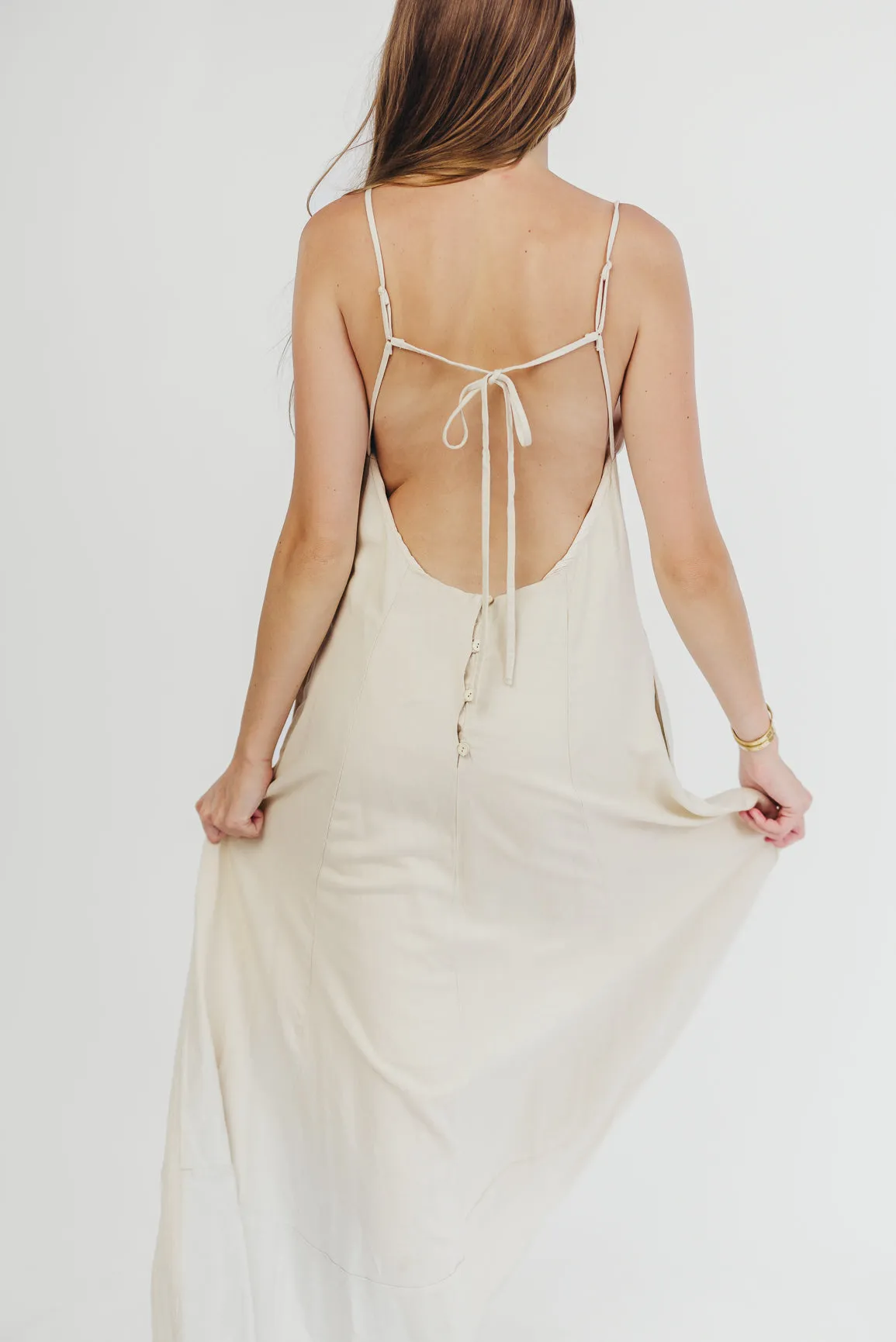 Ivy Linen-Blend Open Back Maxi Dress in Natural