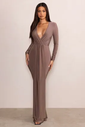 Kyle | Mocha Long Sleeve Plunge Maxi Dress