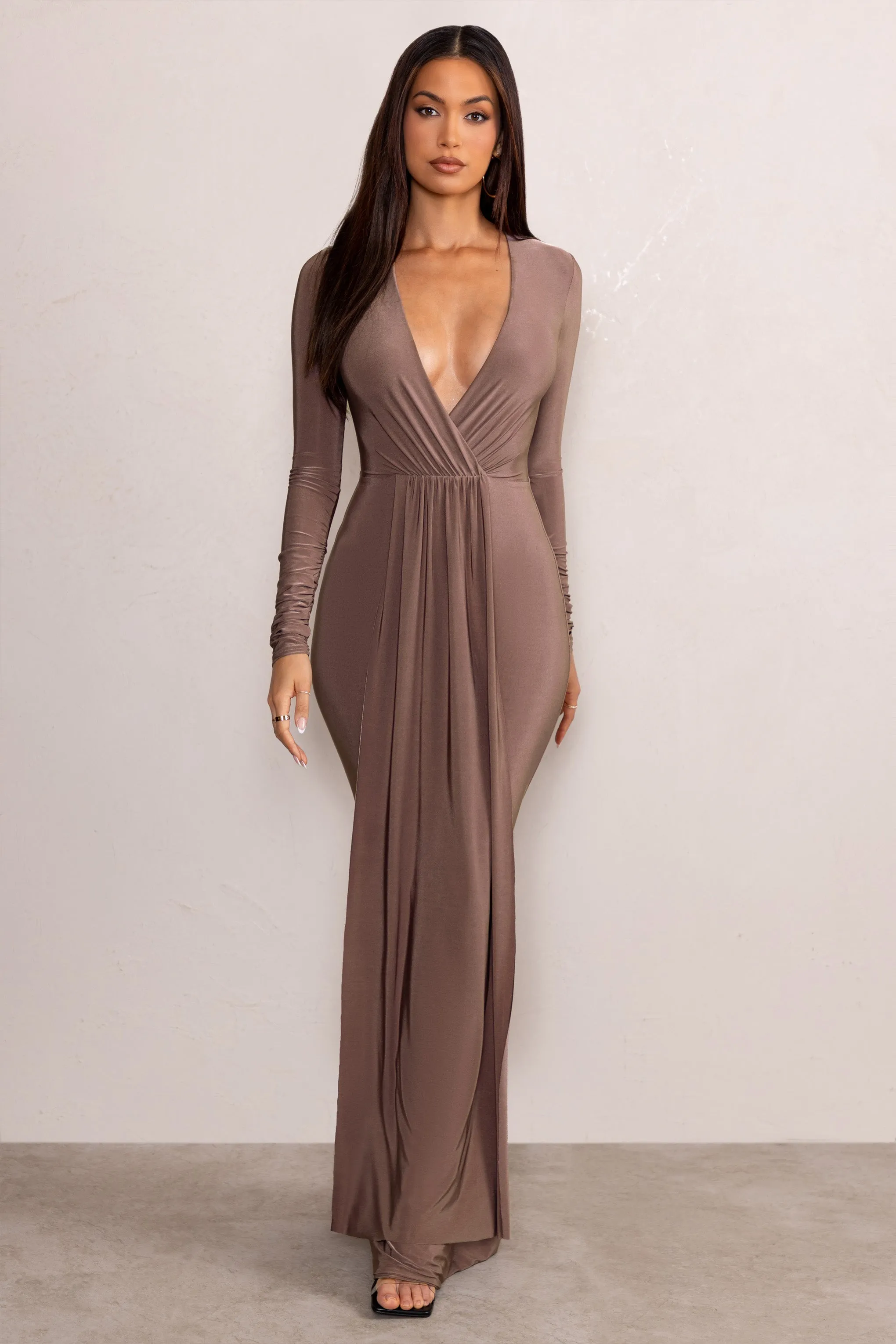 Kyle | Mocha Long Sleeve Plunge Maxi Dress