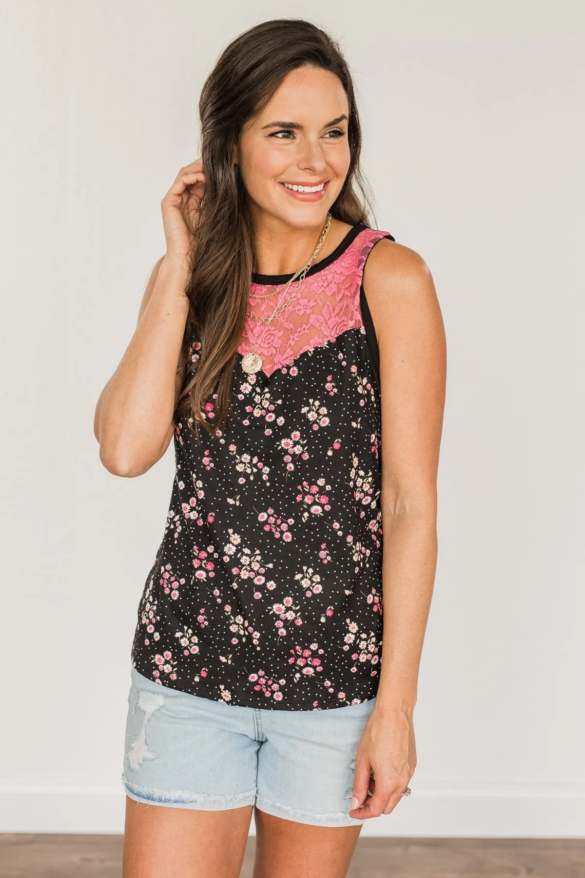 Learning To Love Lace Tank Top- Black & Pink