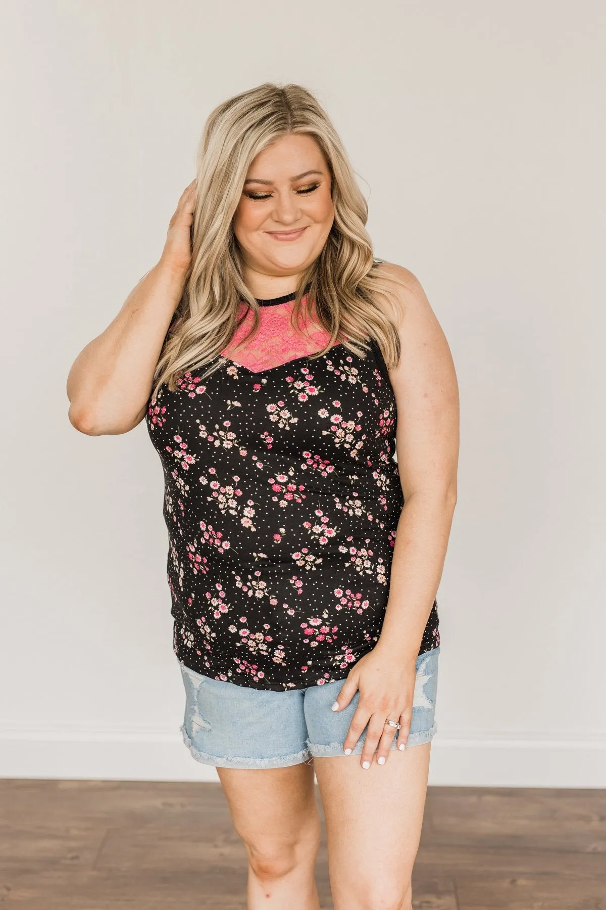 Learning To Love Lace Tank Top- Black & Pink