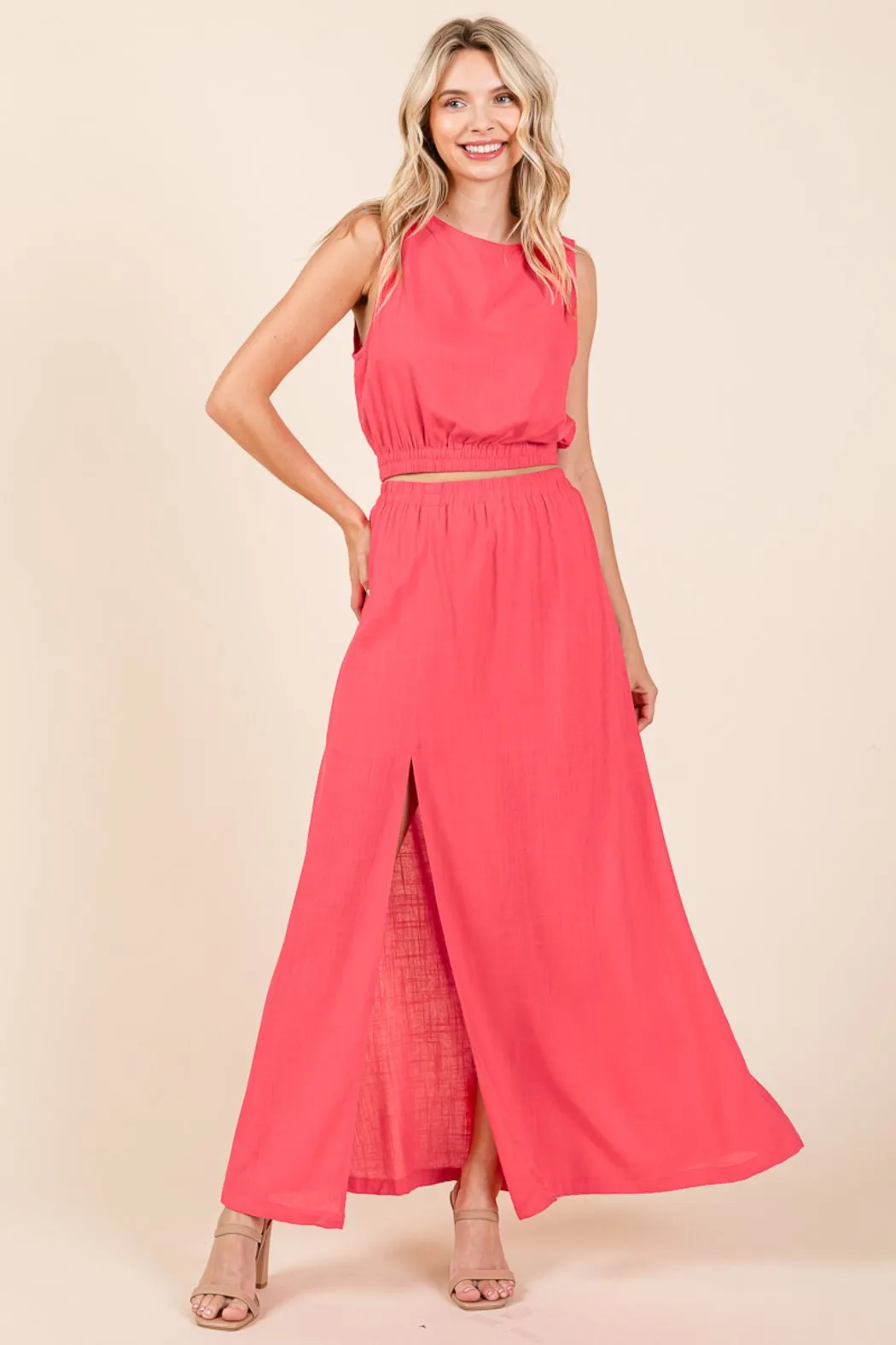 Linen Crop Top And Split Thigh Maxi Skirt Set