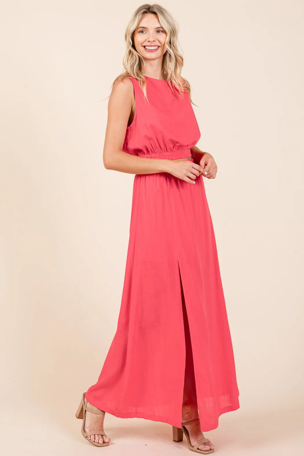 Linen Crop Top And Split Thigh Maxi Skirt Set