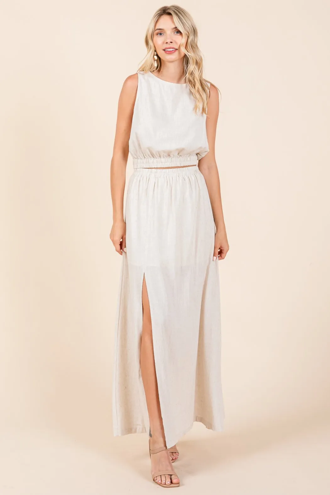 Linen Crop Top And Split Thigh Maxi Skirt Set