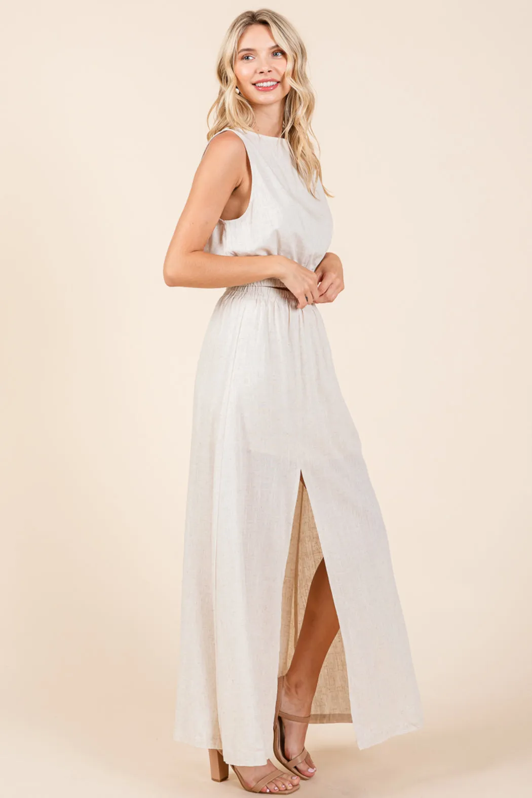 Linen Crop Top And Split Thigh Maxi Skirt Set