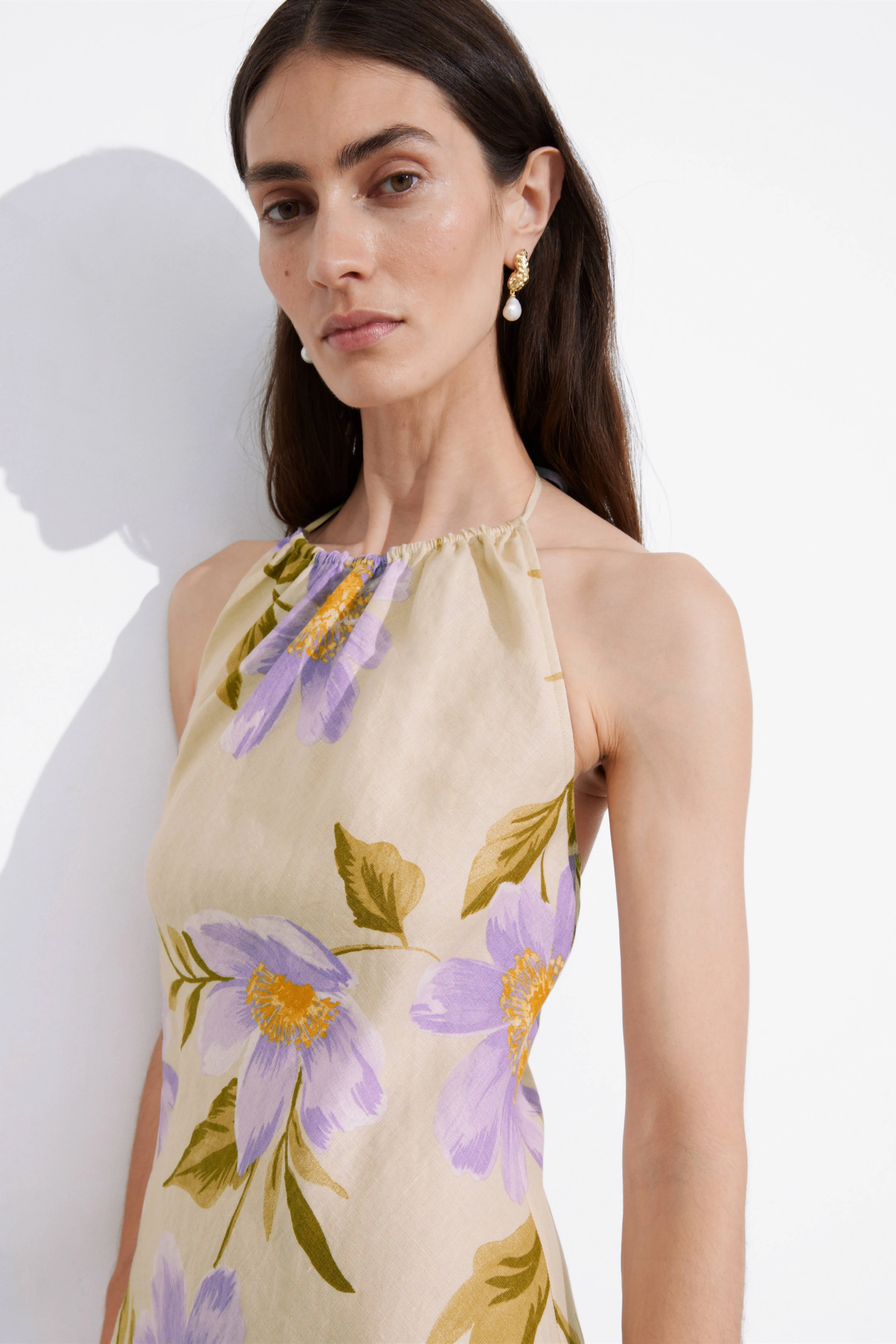 Linen Halterneck Maxi Dress - Halterneck - Sleeveless - Lilac Florals - Ladies | H&M GB