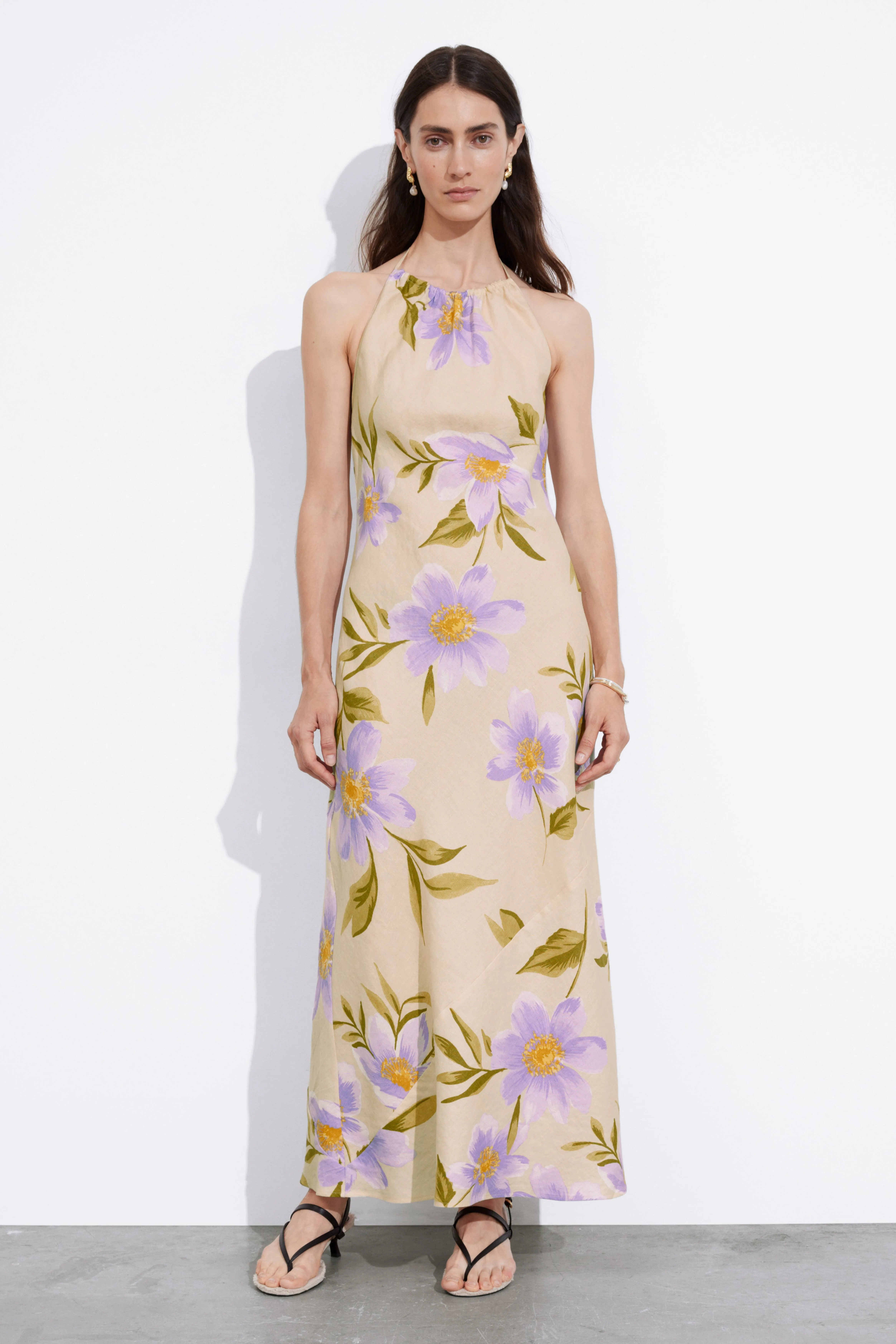 Linen Halterneck Maxi Dress - Halterneck - Sleeveless - Lilac Florals - Ladies | H&M GB