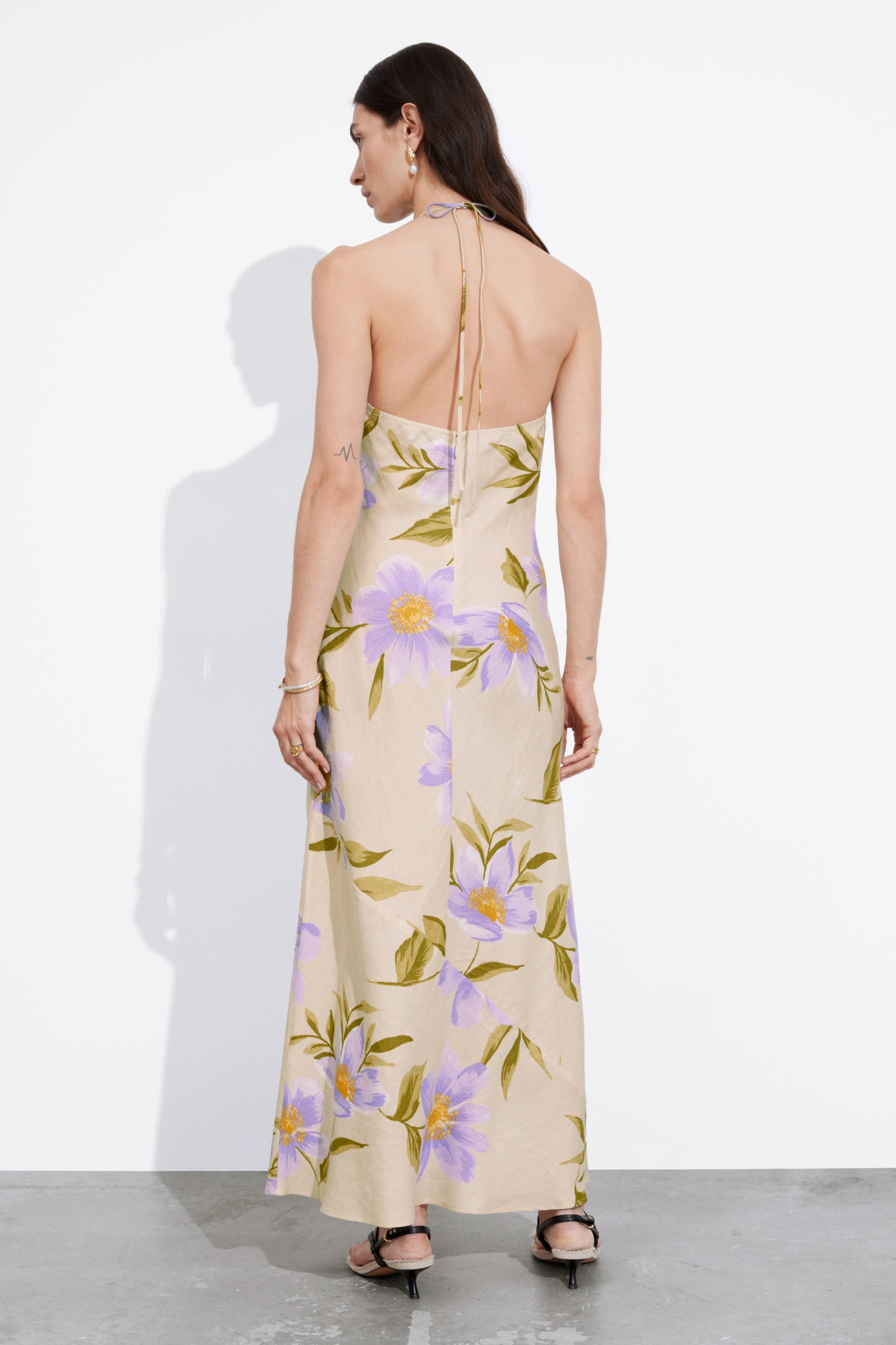 Linen Halterneck Maxi Dress - Halterneck - Sleeveless - Lilac Florals - Ladies | H&M GB